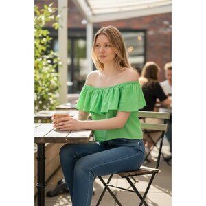 A New Day Womens Stretchy Off-Shoulder Ruffle Green Crop Top Size Large